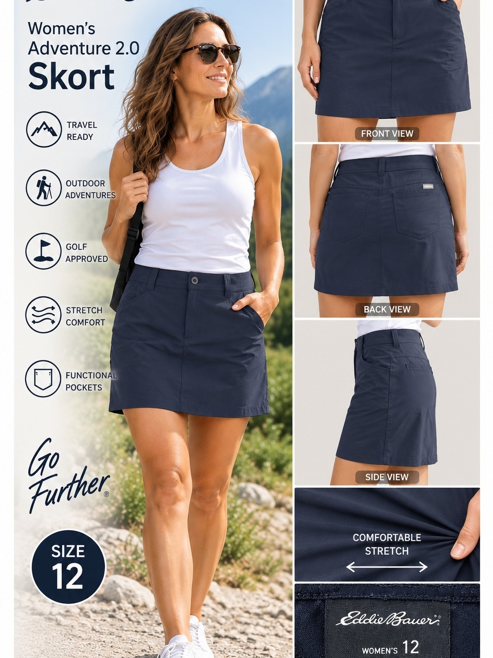 Eddie Bauer Adventure 2.0 Navy Skort Women’s Size 12 Outdoor Golf Travel